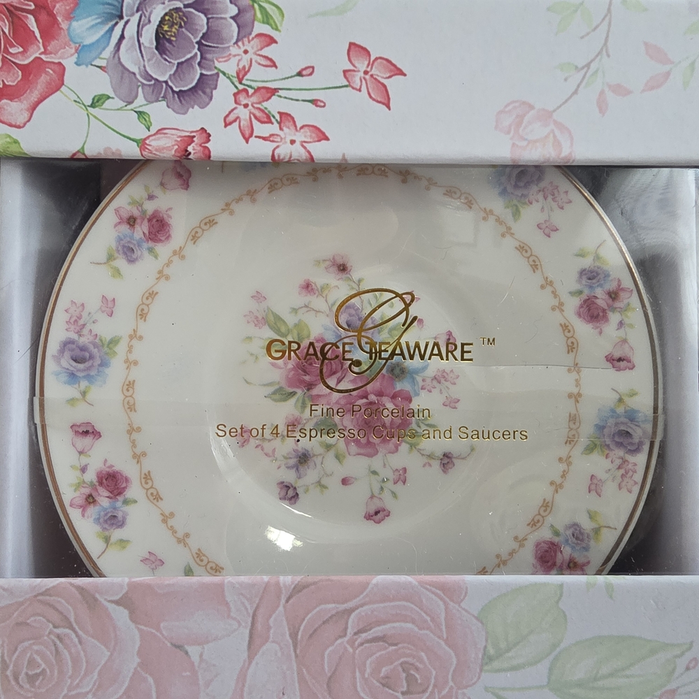 Grace Teaware Porcelain Espresso Set Of 4 Cups & Saucers Summer Floral NIB - Picture 4 of 5
